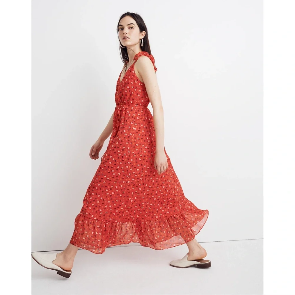 MADEWELL Ruffle-Strap Wrap Dress in Metallic-Striped Prairie Posies red - Picture 3 of 13